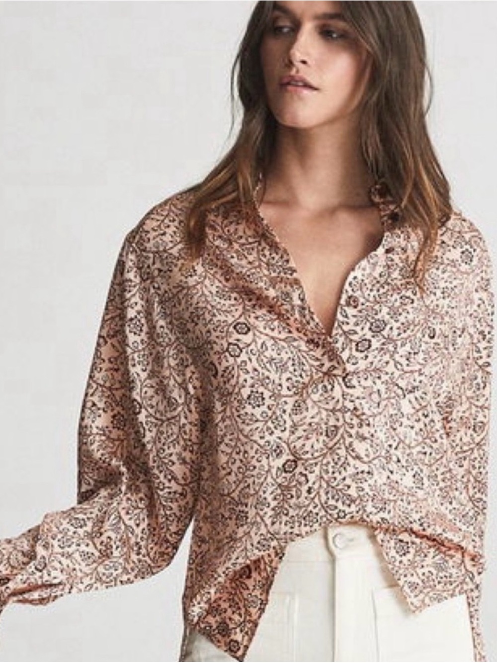 Reiss Peach Paisley Ruffle-Neck Blouse - Picture 2 of 8